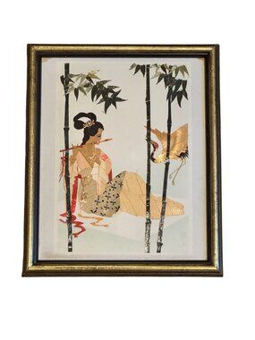 Vintage Asian Bamboo Straw Silk Leaf Art Picture Woman & Crane Framed